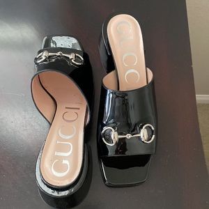 Gucci Black Patent Heeled Slides